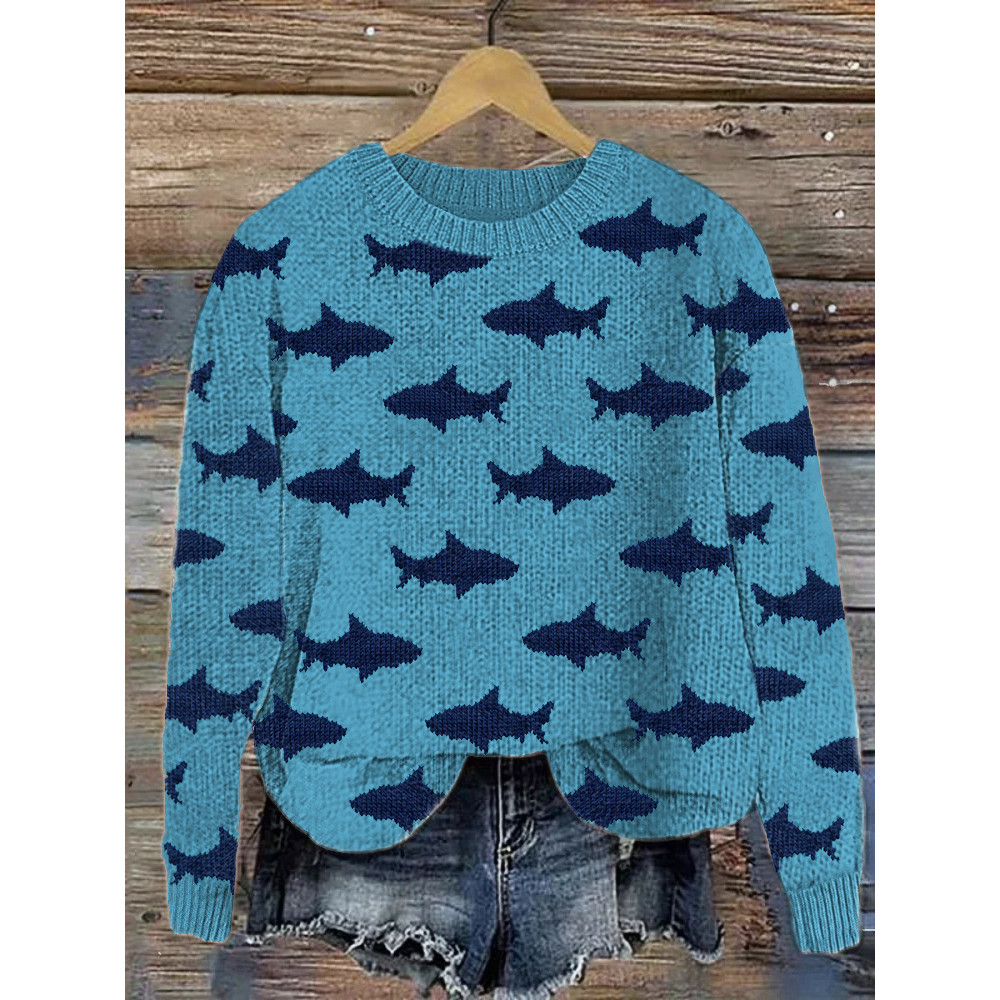 Sharks Pattern Casual Cozy Knit Sweater