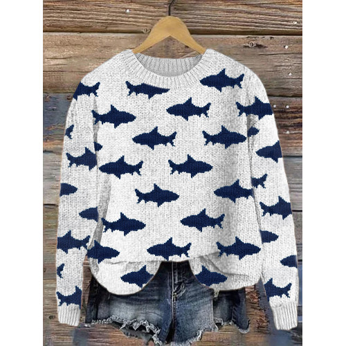 Sharks Pattern Casual Cozy Knit Sweater