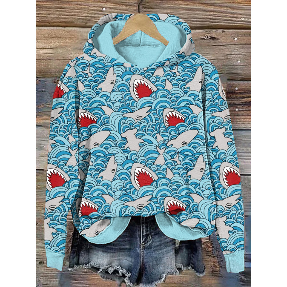 Sharks & Waves Print Casual Cozy Hoodie