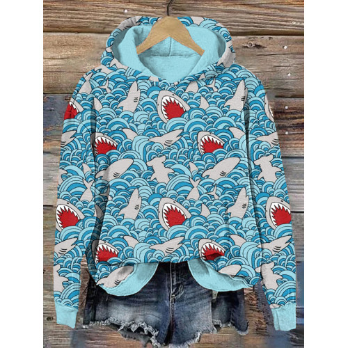 Sharks & Waves Print Casual Cozy Hoodie