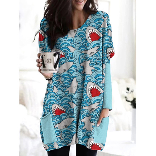 Sharks & Waves Print Casual Cozy Long T-Shirt