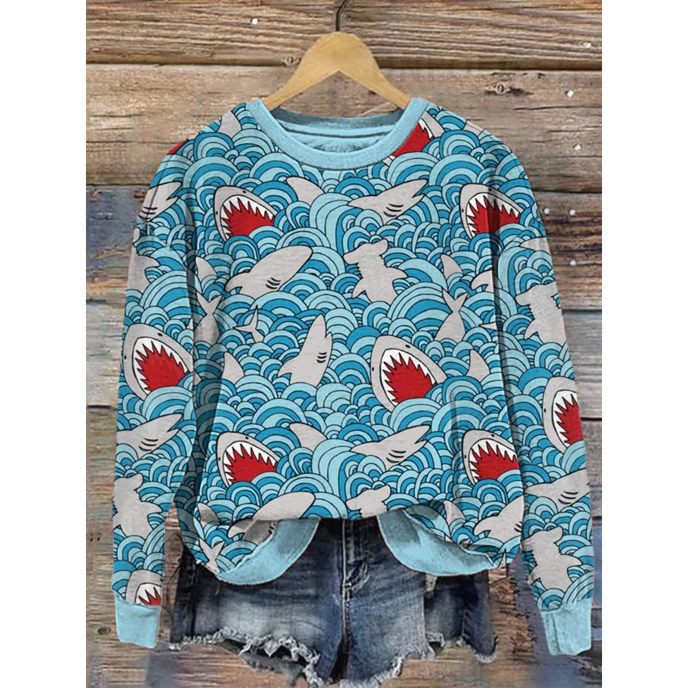 Sharks & Waves Print Casual Cozy Sweatshirt