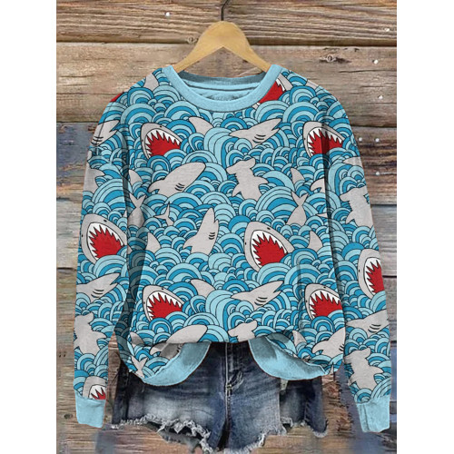 Sharks & Waves Print Casual Cozy Sweatshirt