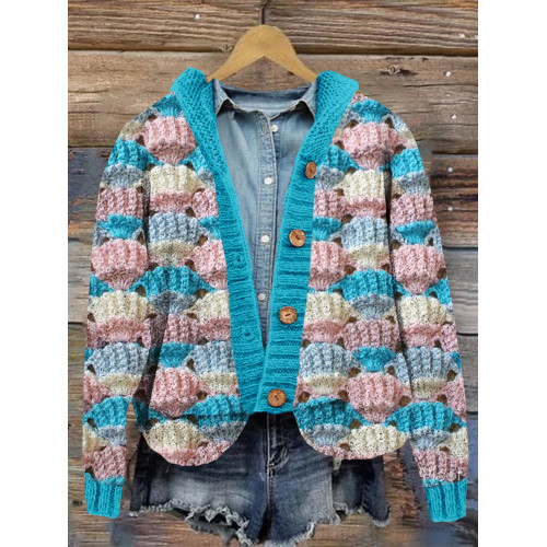 Shell Knit Pattern Vintage Cozy Hooded Cardigan