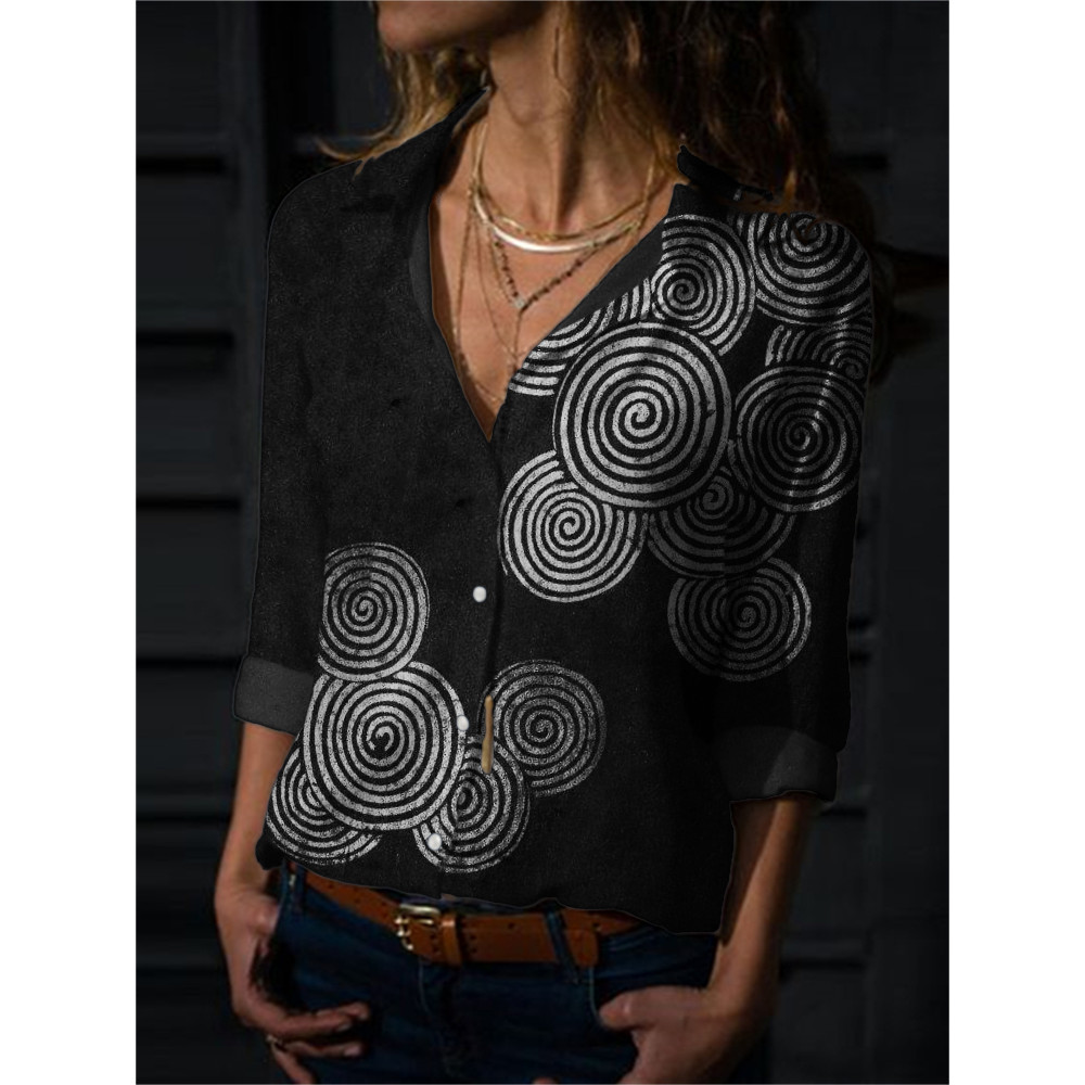 Simple Sea Waves Japanese Lino Art Flowy Blouse