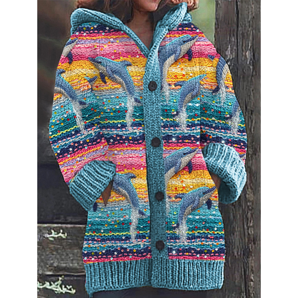 Sparkling Sequin Dolphin Embroidery Art Cozy Knit Hooded Cardigan