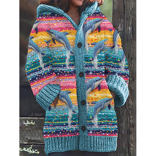 Sparkling Sequin Dolphin Embroidery Art Cozy Knit Hooded Cardigan
