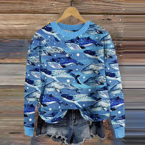 Species Of Whales Embroidery Pattern Cozy Knit Sweater