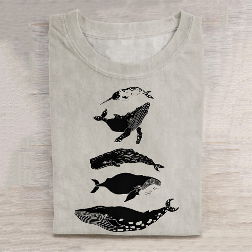 Species Of Whales Japanese Lino Art Vintage T Shirt