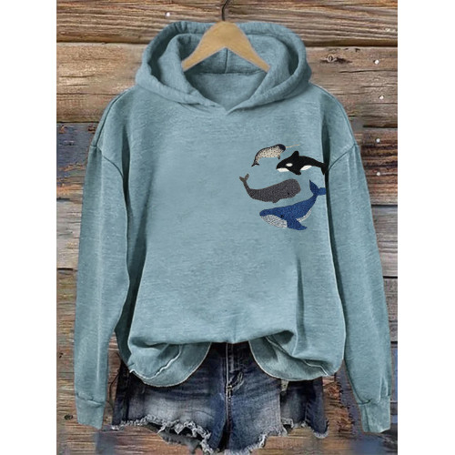 Species of Whales Embroidery Art Cozy Hoodie