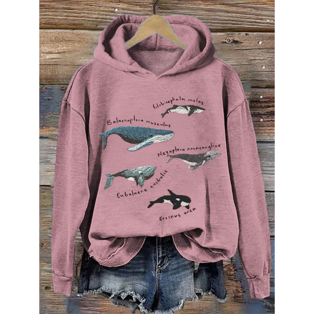 Species of Whales Embroidery Art Cozy Hoodie