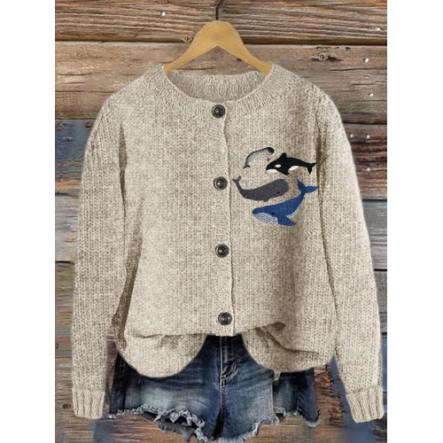 Species of Whales Embroidery Art Cozy Knit Cardigan
