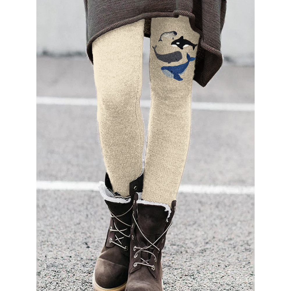 Species of Whales Embroidery Art Cozy Leggings