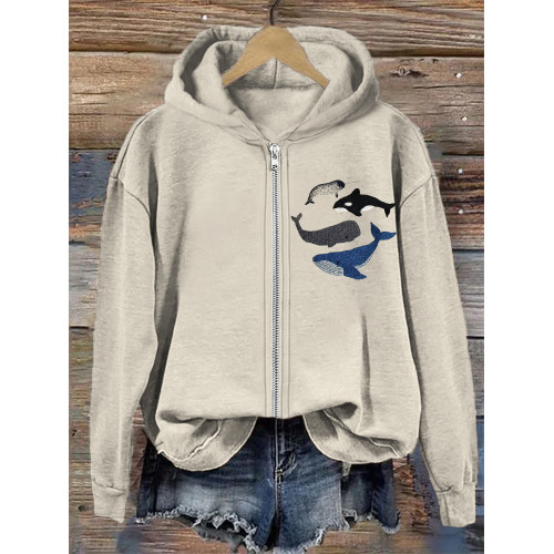 Species of Whales Embroidery Art Full Zip Hoodie