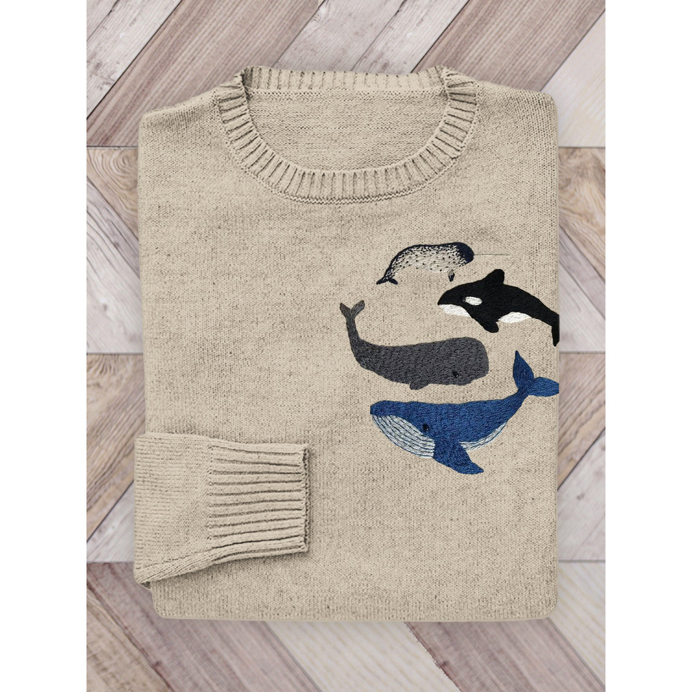Species of Whales Embroidery Art Knit Sweater