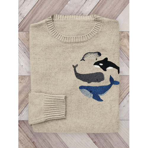 Species of Whales Embroidery Art Knit Sweater