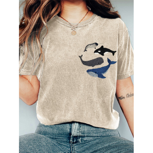 Species of Whales Embroidery Art Vintage T Shirt