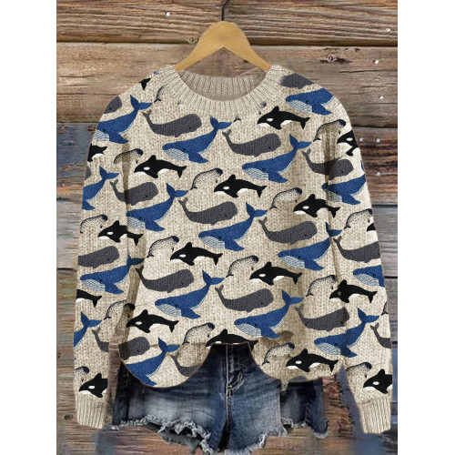 Species of Whales Embroidery Pattern Cozy Knit Sweater