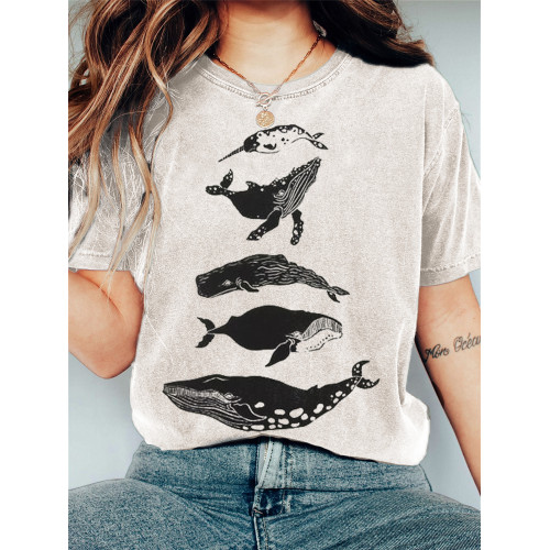 Species of Whales Japanese Lino Art Vintage T Shirt