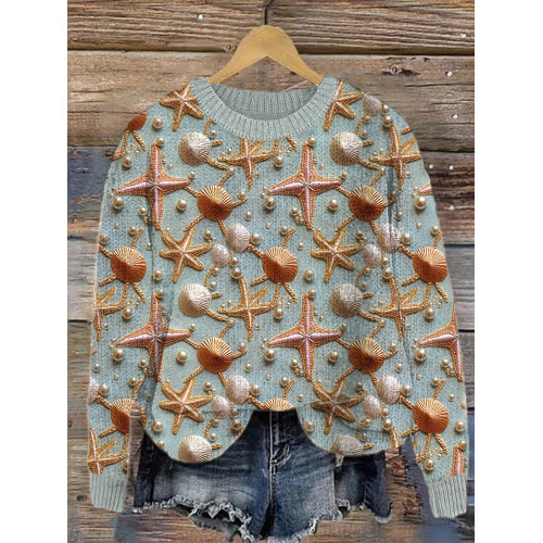 Starfish Embroidery Art Cozy Knit Sweater
