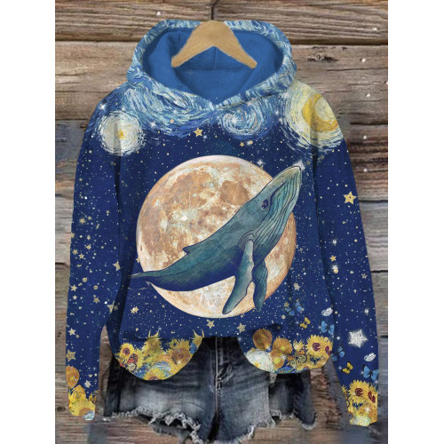 Starry Night Inspired Whale Art Graphic Comfy Hoodie