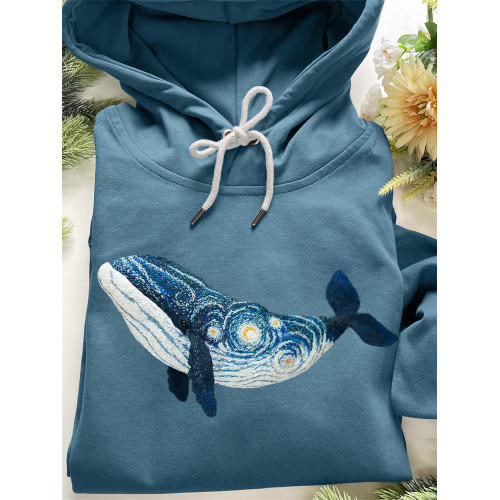 Starry Night Inspired Whale Embroidery Art Cozy Hoodie