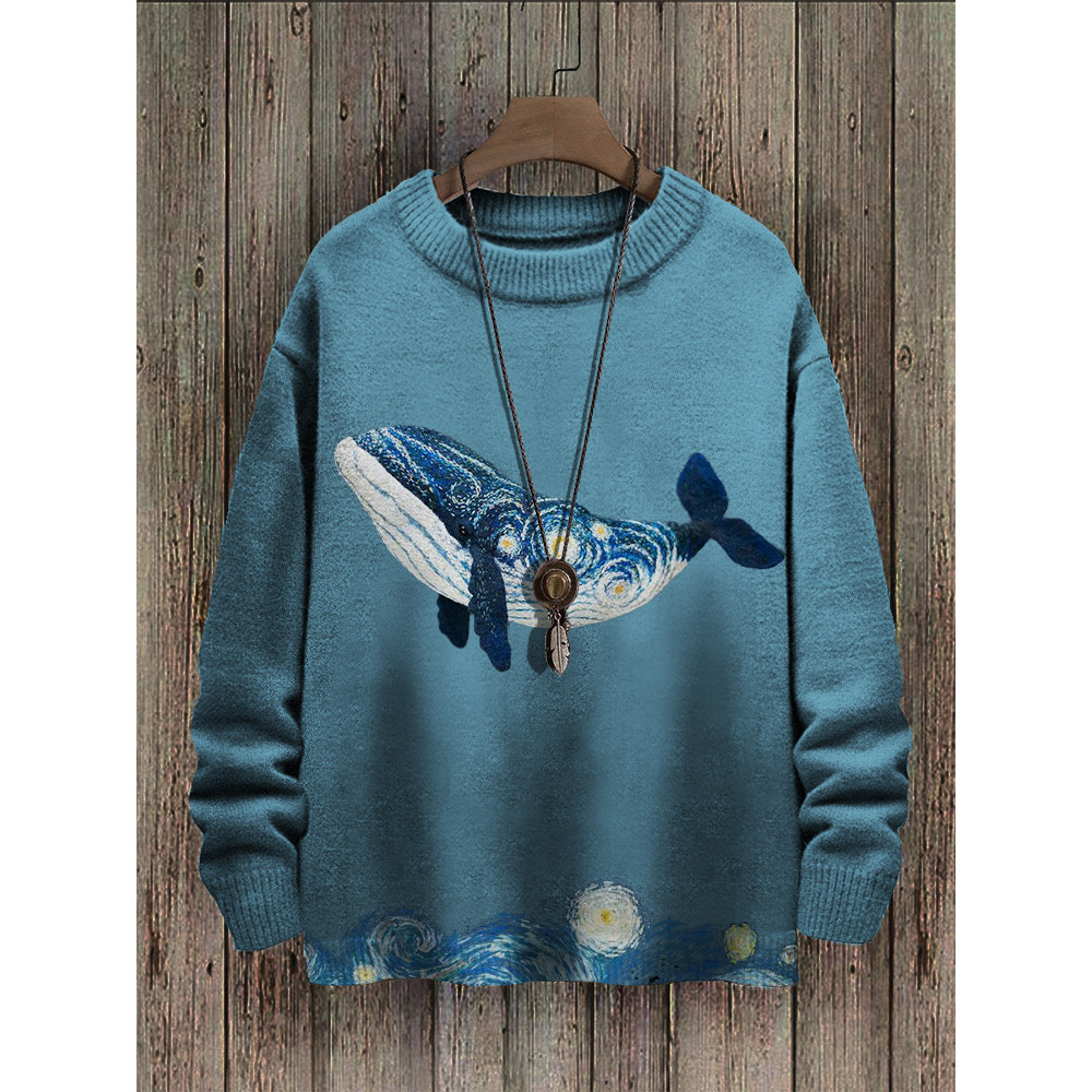 Starry Night Inspired Whale Embroidery Art Cozy Sweater