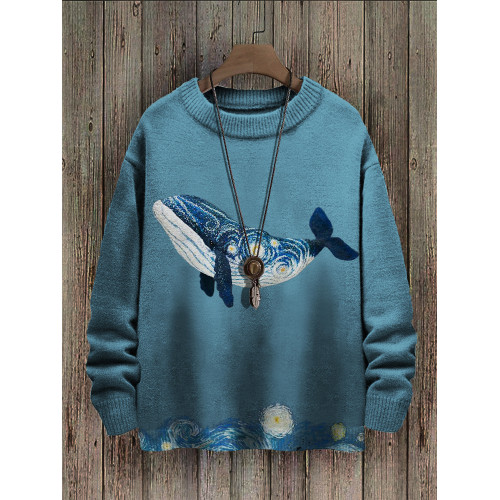 Starry Night Inspired Whale Embroidery Art Cozy Sweater