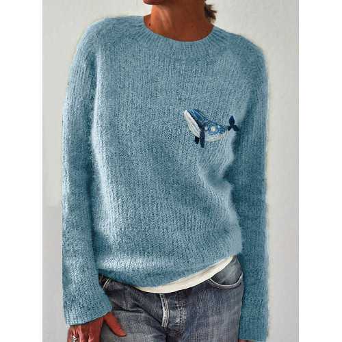Starry Night Inspired Whale Embroidery Art Cozy Sweater
