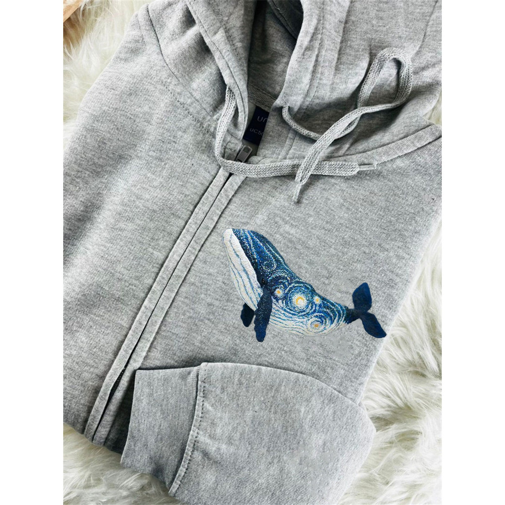 Starry Night Inspired Whale Embroidery Art Full Zip Hoodie