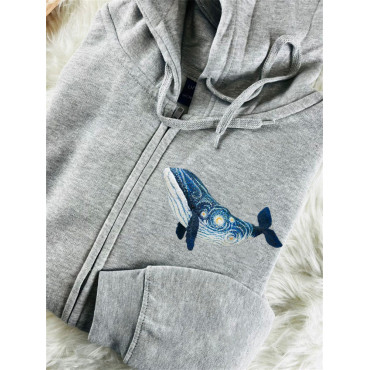 Starry Night Inspired Whale Embroidery Art Full Zip Hoodie