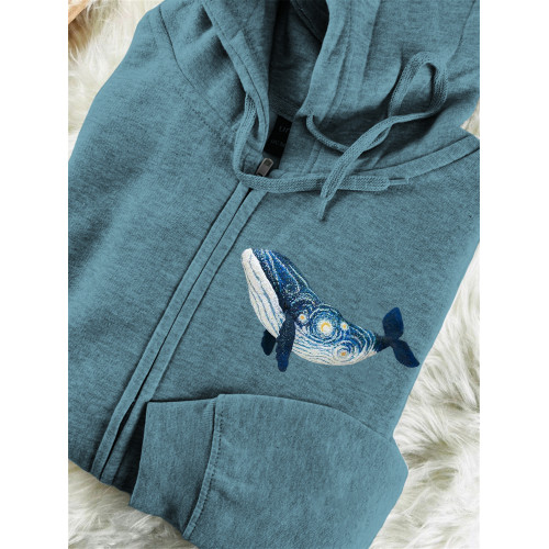 Starry Night Inspired Whale Embroidery Art Full Zip Hoodie
