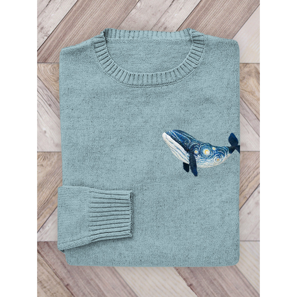 Starry Night Inspired Whale Embroidery Art Knit Sweater