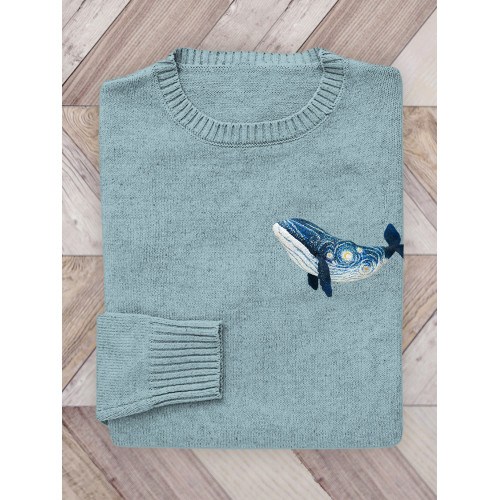 Starry Night Inspired Whale Embroidery Art Knit Sweater
