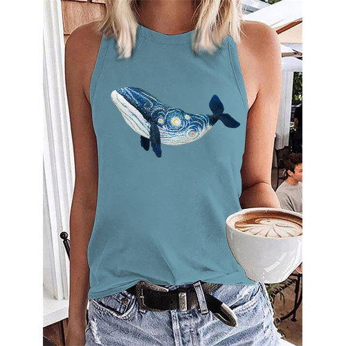Starry Night Inspired Whale Embroidery Art Tank Top