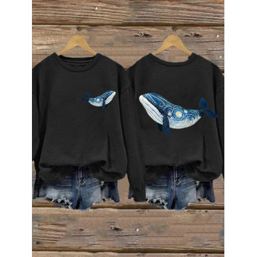 Starry Night Inspired Whale Embroidery Art Washed Sweatshirt