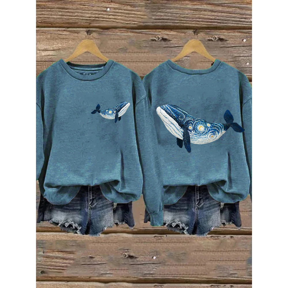 Starry Night Inspired Whale Embroidery Art Washed Sweatshirt