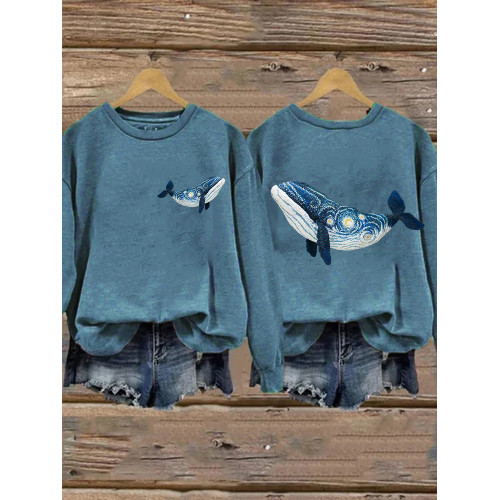 Starry Night Inspired Whale Embroidery Art Washed Sweatshirt