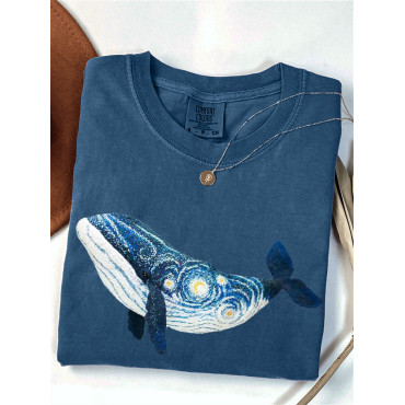 Starry Night Inspired Whale Embroidery Art Washed T Shirt