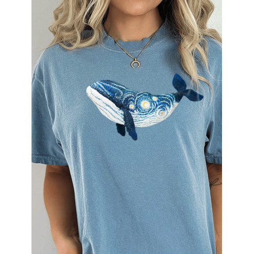 Starry Night Inspired Whale Embroidery Art Washed T Shirt