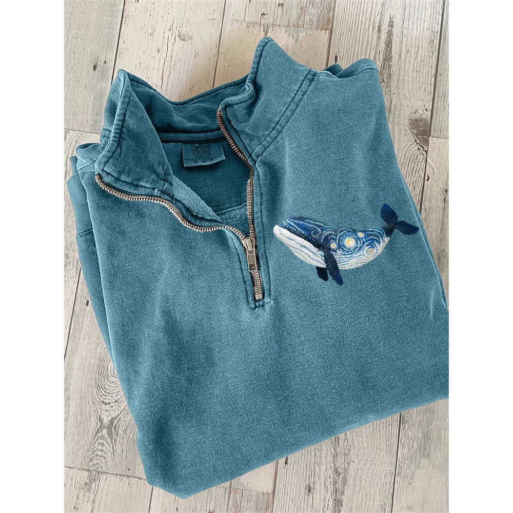 Starry Night Inspired Whale Embroidery Art Zip Up Sweatshirt