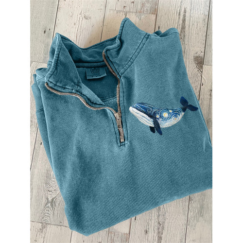 Starry Night Inspired Whale Embroidery Art Zip Up Sweatshirt