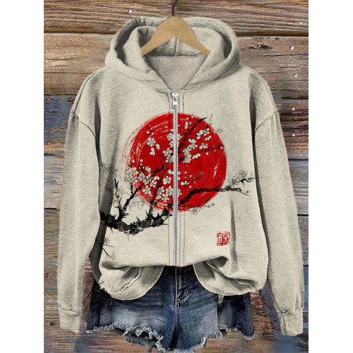 Sunrise Plum Blossom Japanese Art Full Zip Hoodie