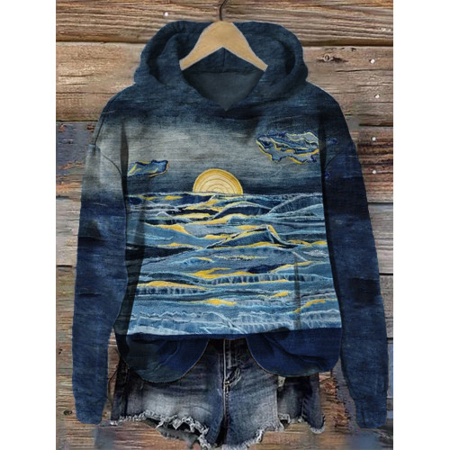 Sunrise at Sea Denim Textile Art Cozy Hoodie