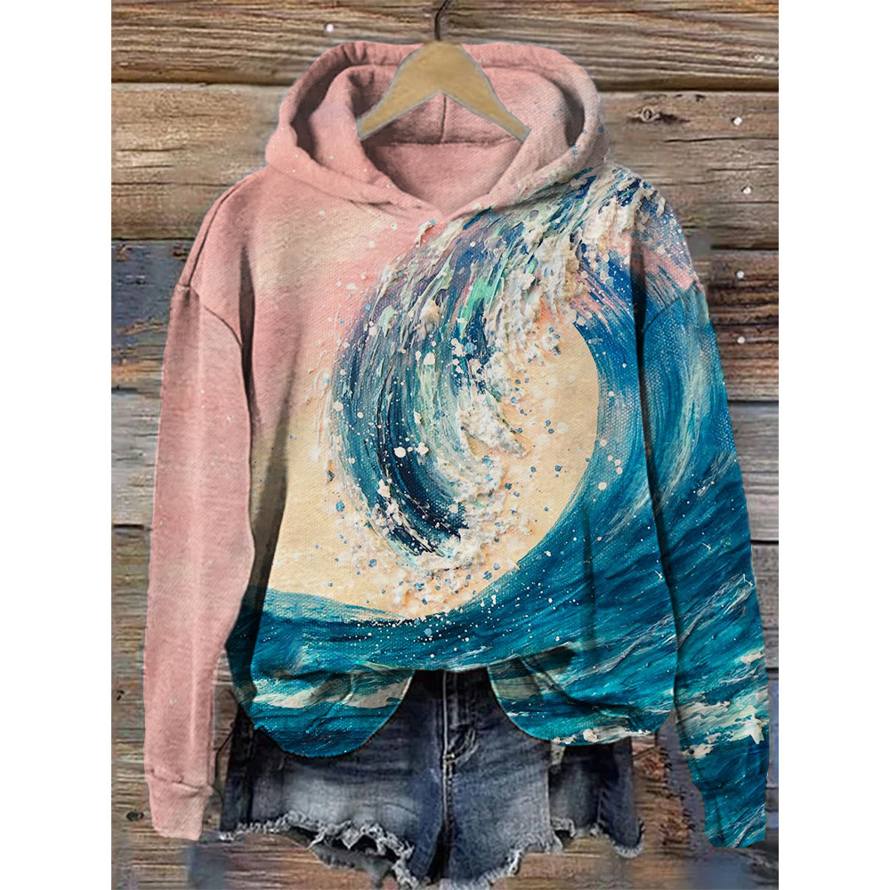 Sunset Sea Waves Oil Painting Cozy Hoodie