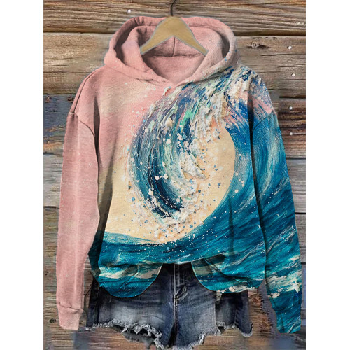Sunset Sea Waves Oil Painting Cozy Hoodie