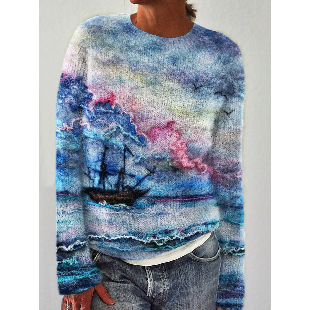 Sunset Seascape Wool Art Cozy Knit Sweater