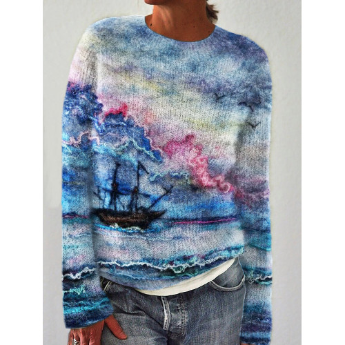 Sunset Seascape Wool Art Cozy Knit Sweater