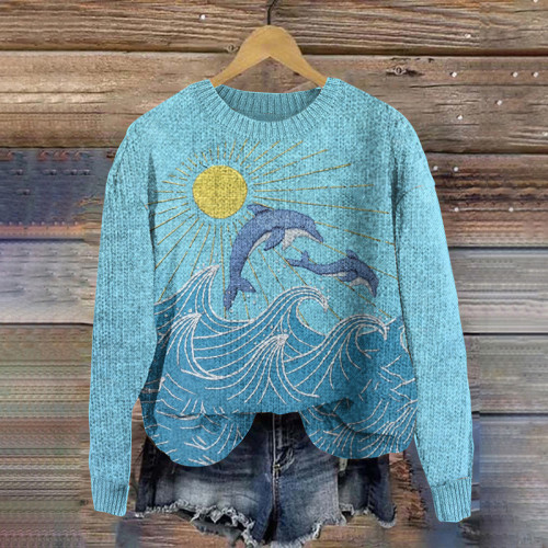 Sunshine Ocean Whale Embroidery Cozy Knit Sweater