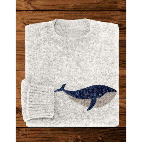 The Beaded Whale Embroidery Art Cozy Knit Sweater